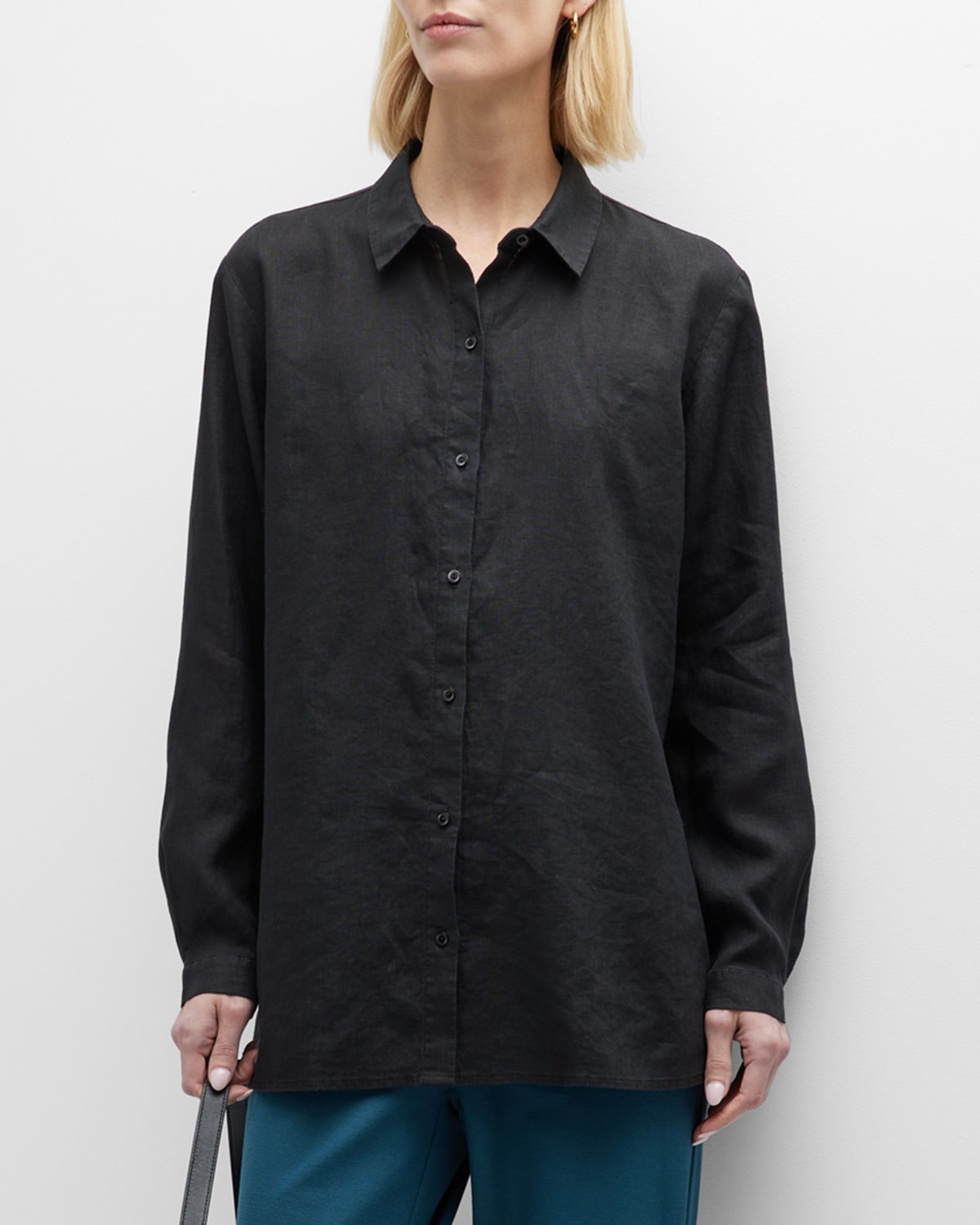 EILEEN FISHER SIDE-SLIT BUTTON-DOWN LINEN SHIRT