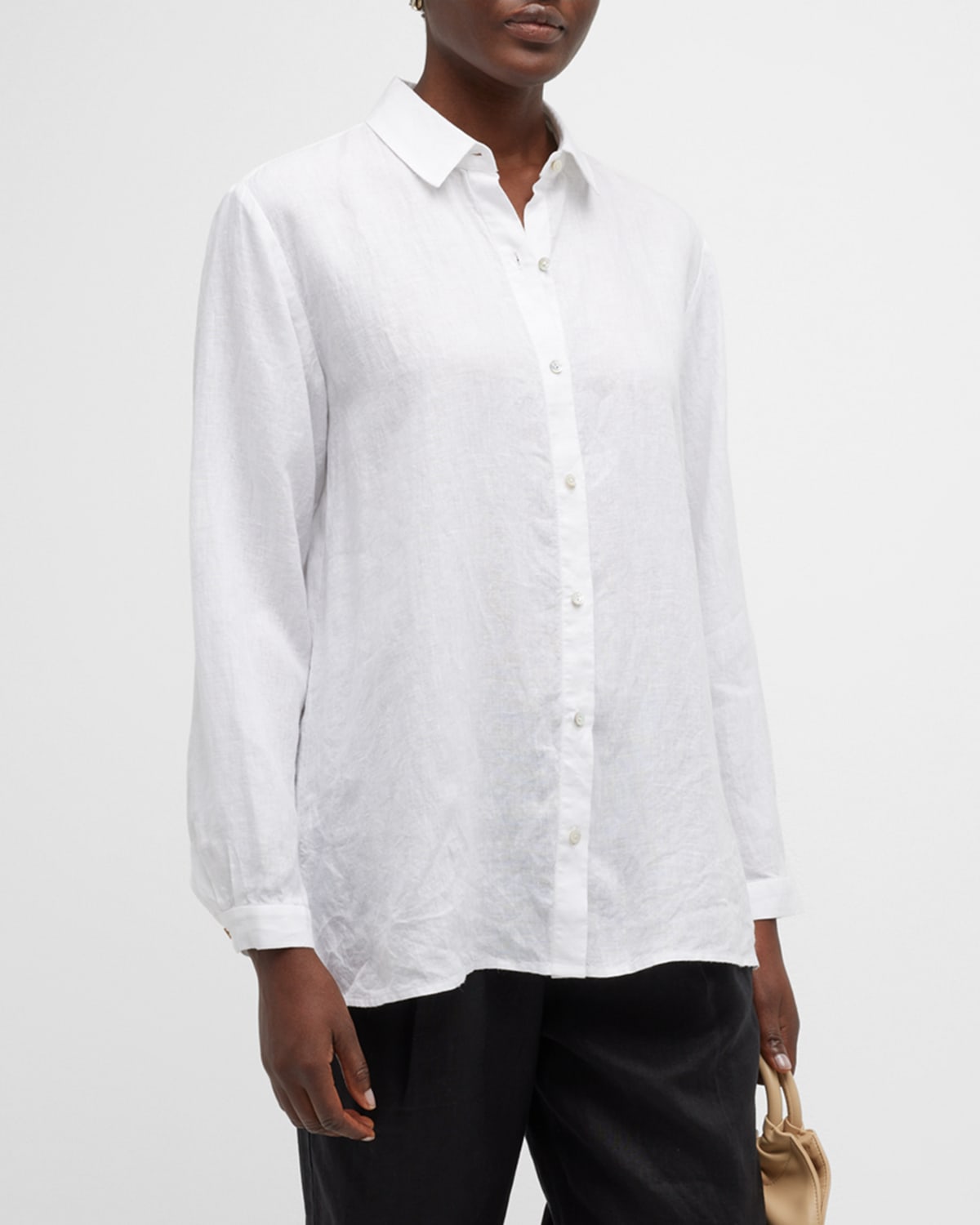 Eileen Fisher Woven Button-down Linen Shirt In White