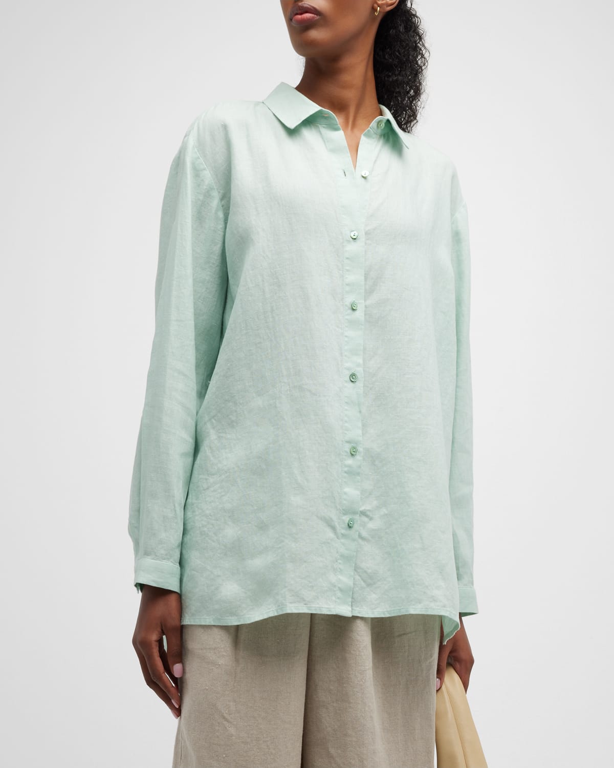 Eileen Fisher Side-slit Button-down Linen Shirt In Absinthe