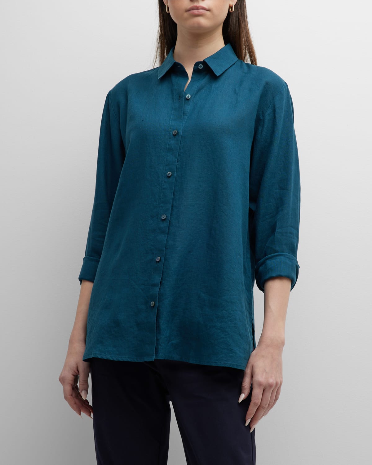 Eileen Fisher Side-slit Button-down Linen Shirt In Pacifica