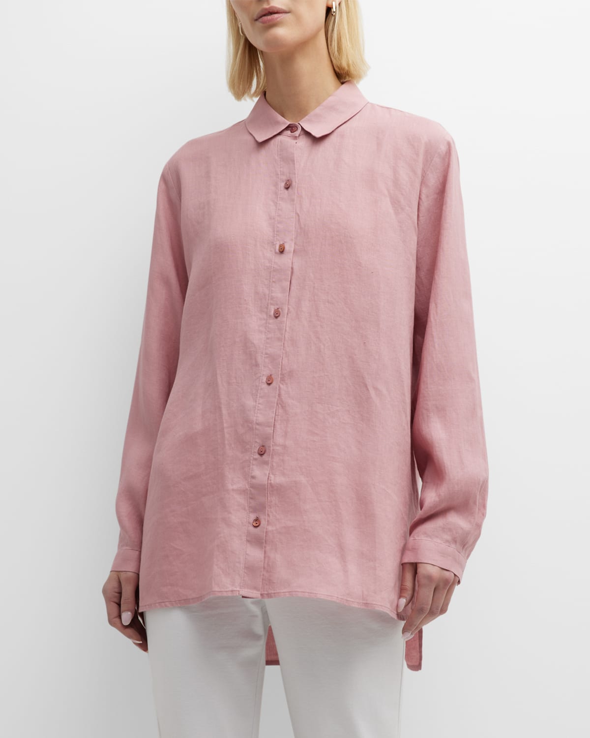 Eileen Fisher Side-slit Button-down Linen Shirt In Magnolia