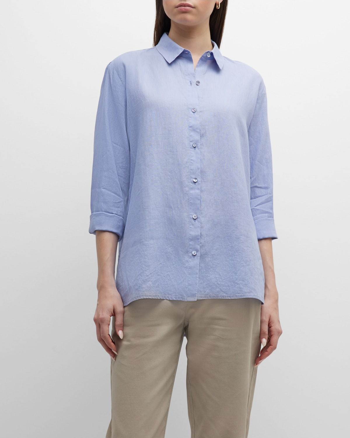 EILEEN FISHER SIDE-SLIT BUTTON-DOWN LINEN SHIRT