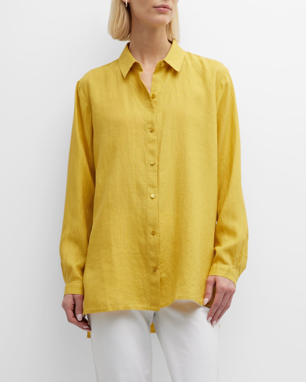 Eileen Fisher Side-slit Button-down Linen Shirt In Lemondrop