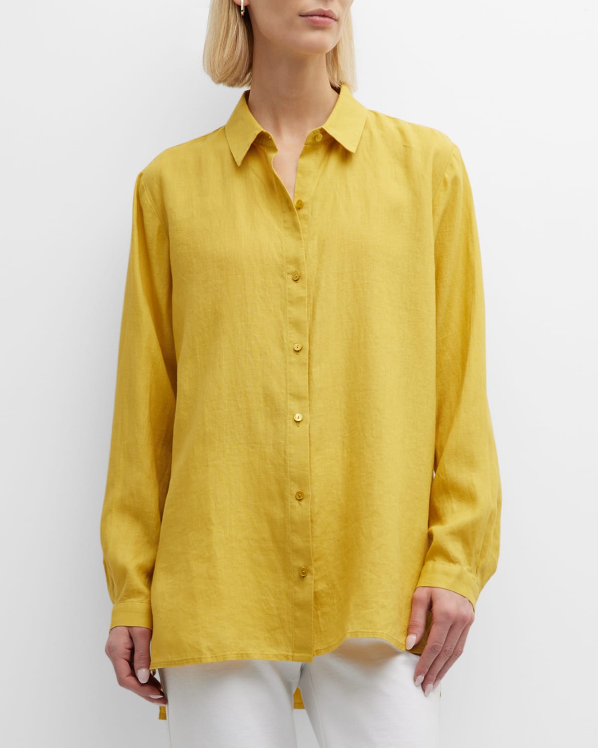 Eileen Fisher Side-slit Button-down Linen Shirt In Lemondrop