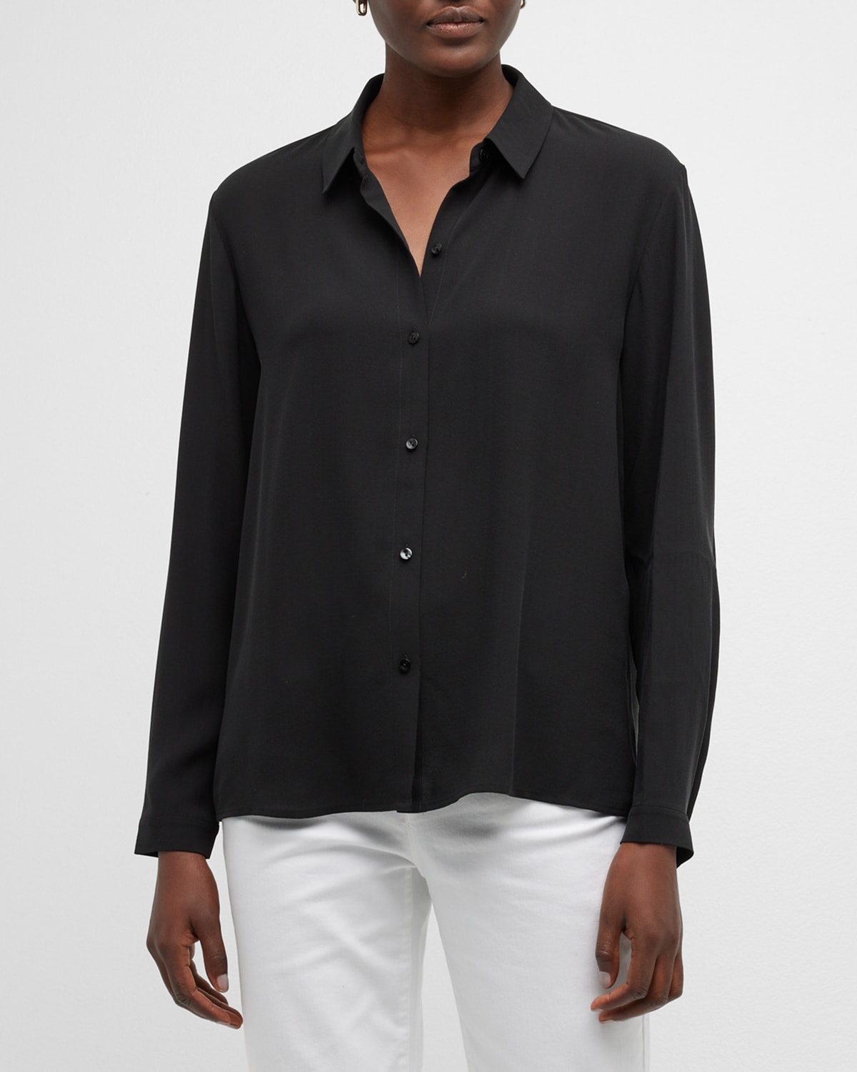 Shop Eileen Fisher Point-collar Button-down Silk Shirt In Black
