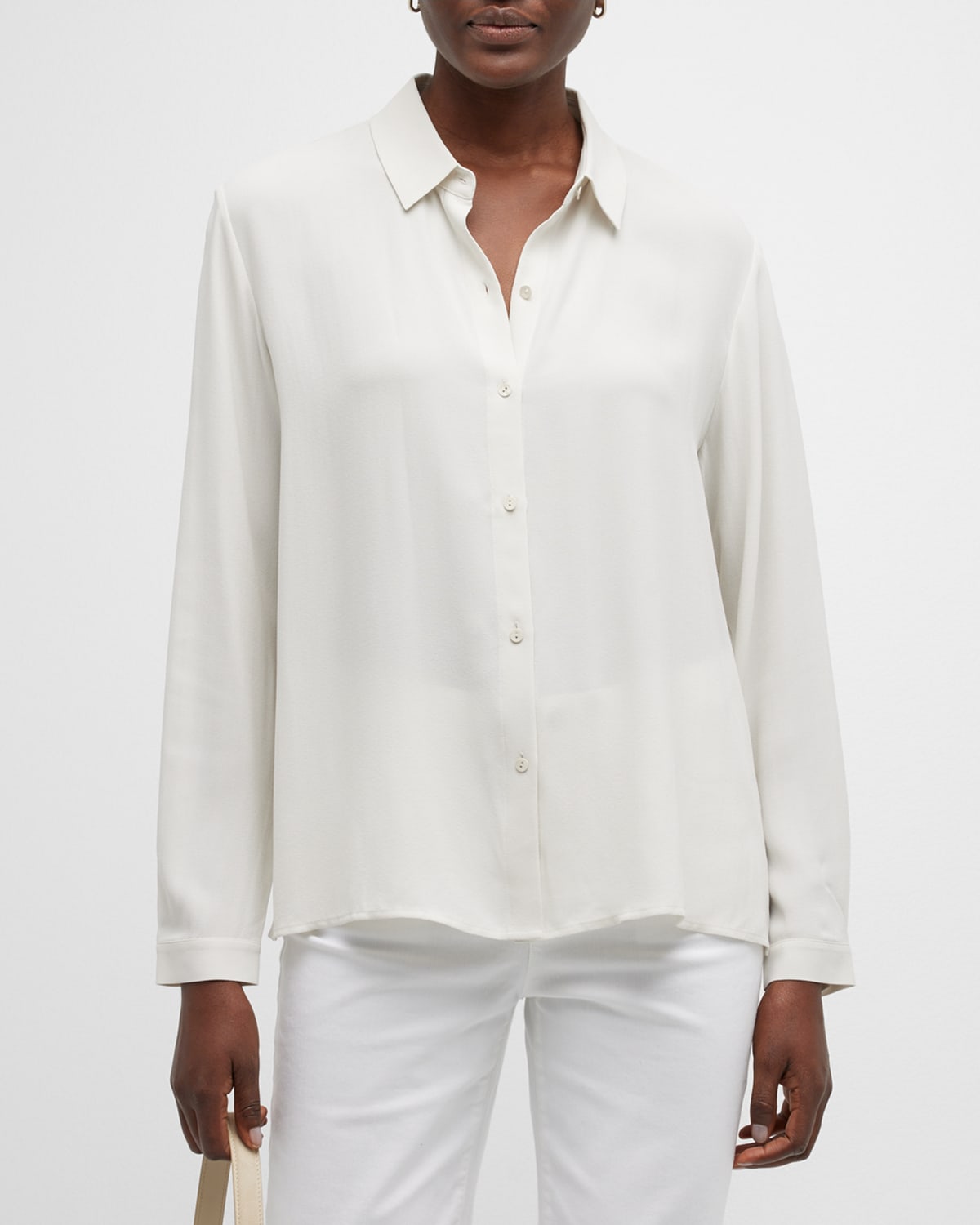 Eileen Fisher Mandarin Collar Silk Boxy Shirt In Bone