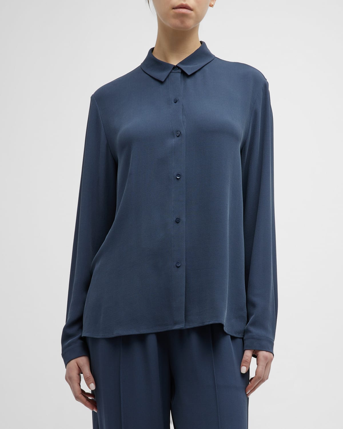 Eileen Fisher Point-collar Button-down Silk Shirt In Ocean