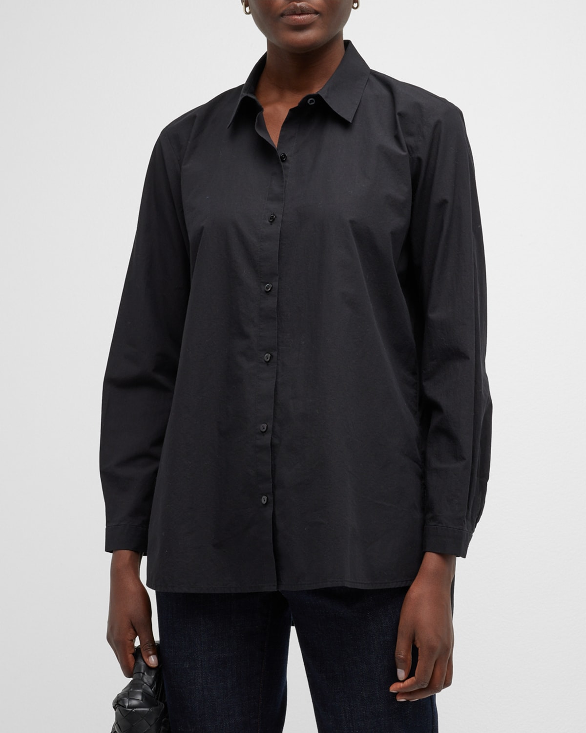 Eileen Fisher Button-down Poplin Shirt In Black
