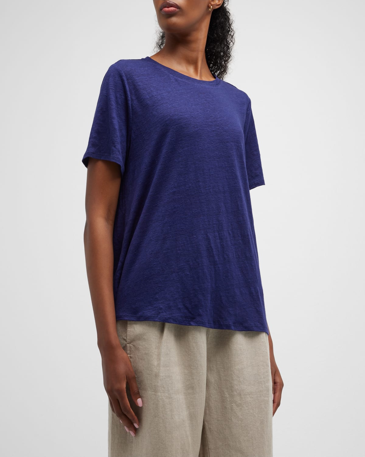 Eileen Fisher Short-sleeve Organic Linen Tee In Navy