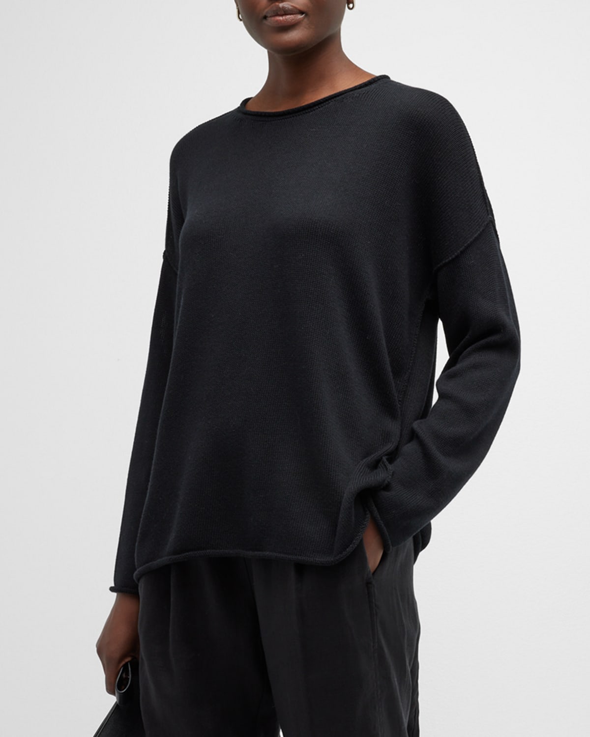 Eileen Fisher Petite Crewneck Drop-shoulder Pullover In Black