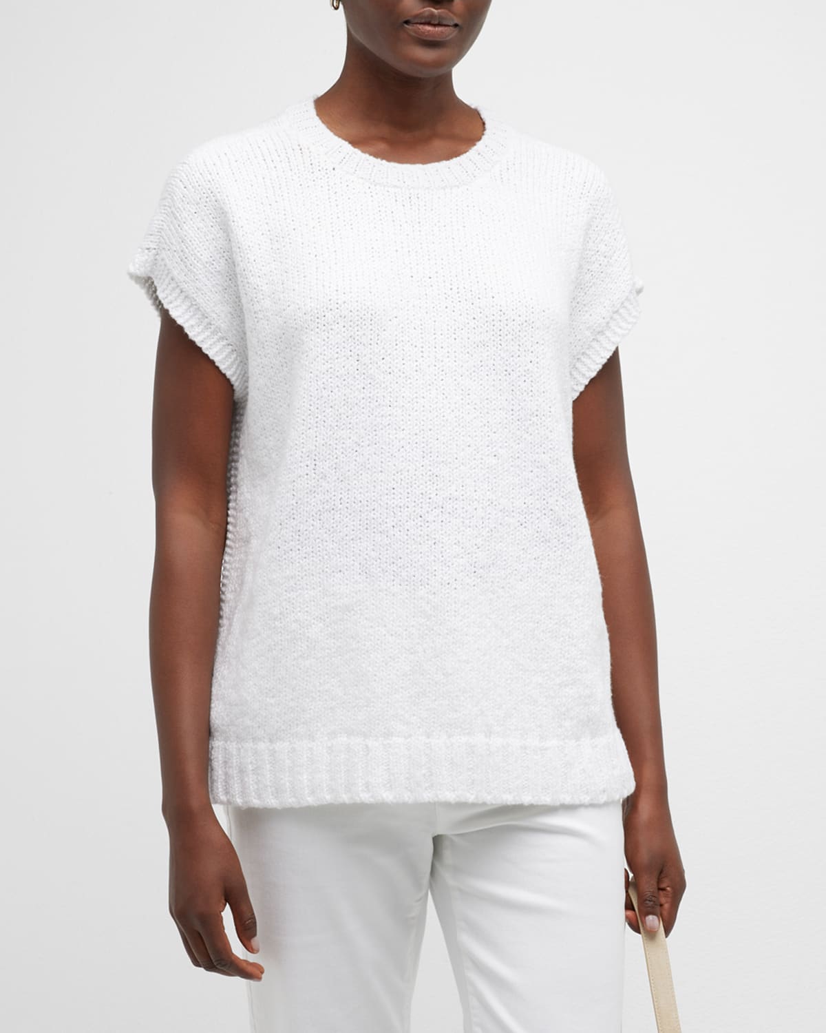 Eileen Fisher Petite Side-slit Knit Crewneck Top In White