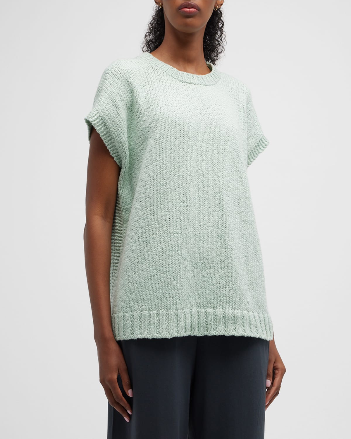 Eileen Fisher Petite Side-slit Knit Crewneck Top In Absinthe