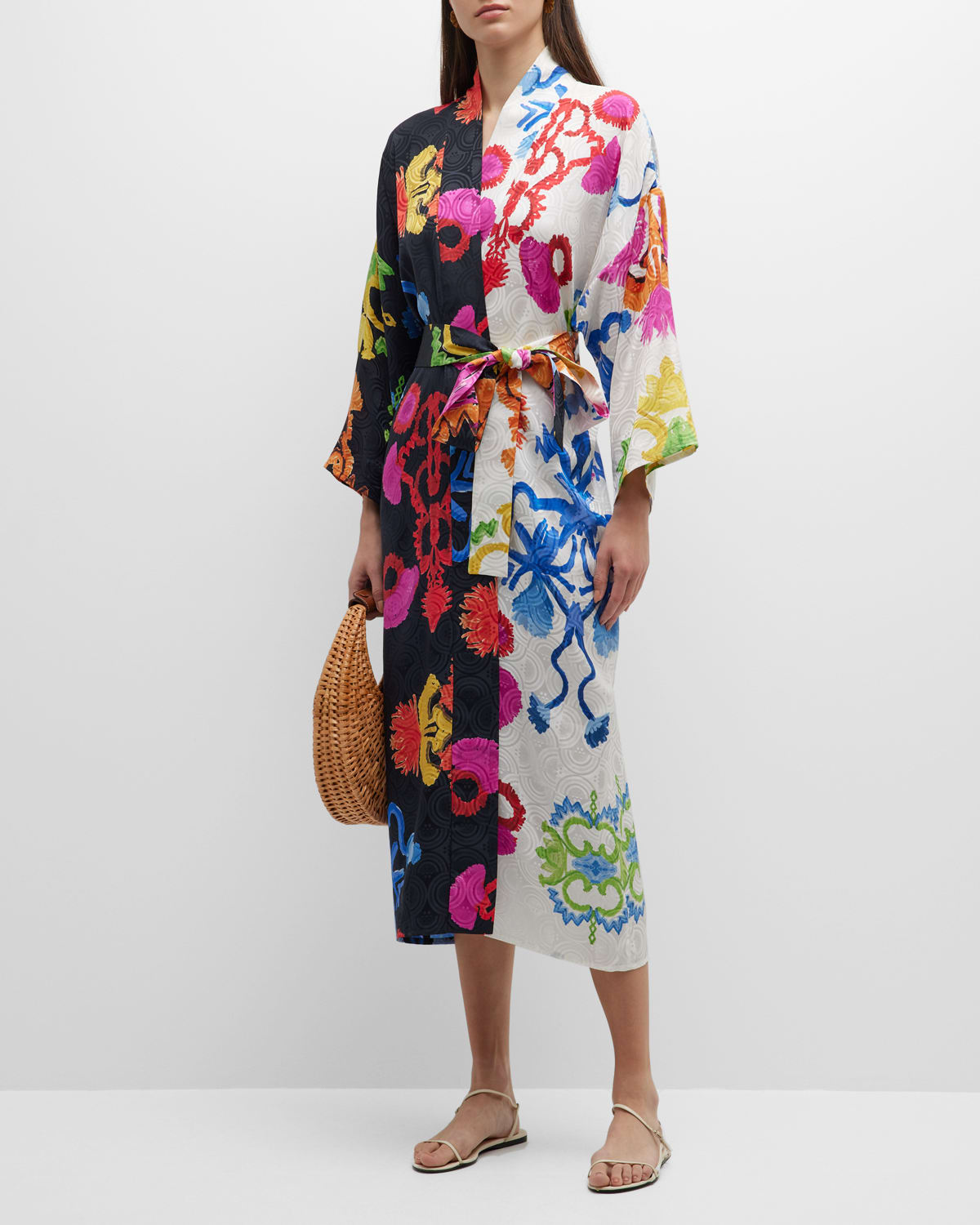 Mesogios Colorblock Jacquard Belted Midi Kimono