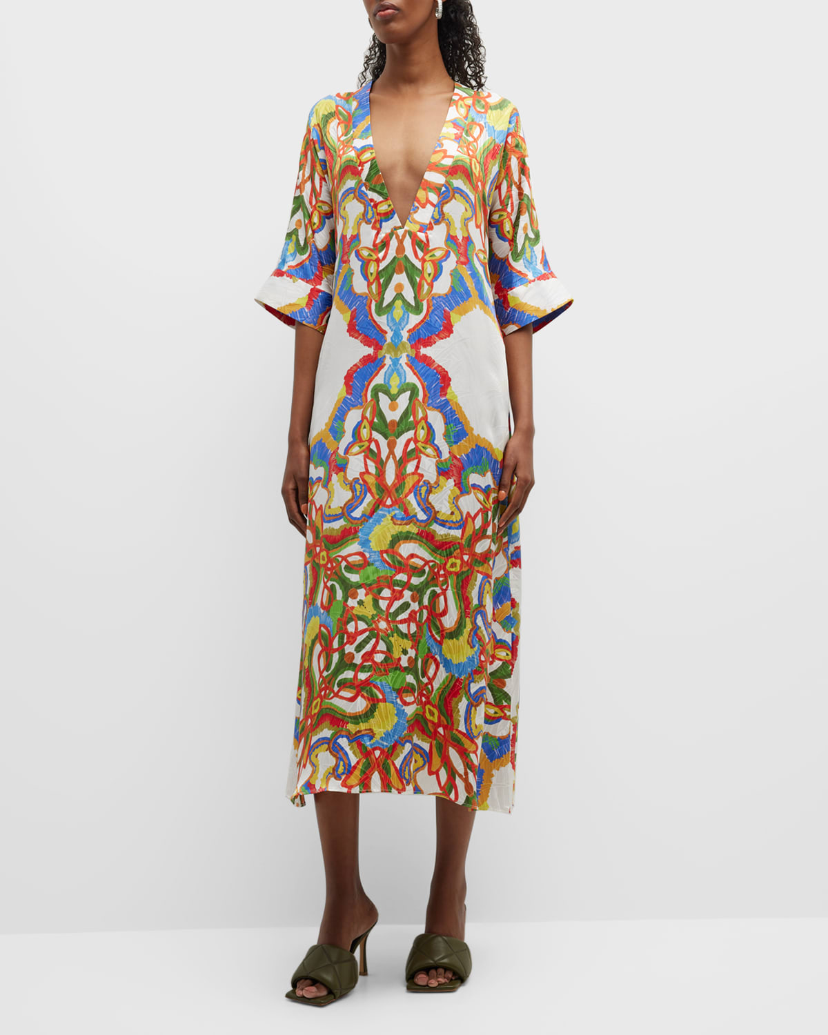 Rianna Plunging Mesogios-Print Silk Jacquard Midi Dress