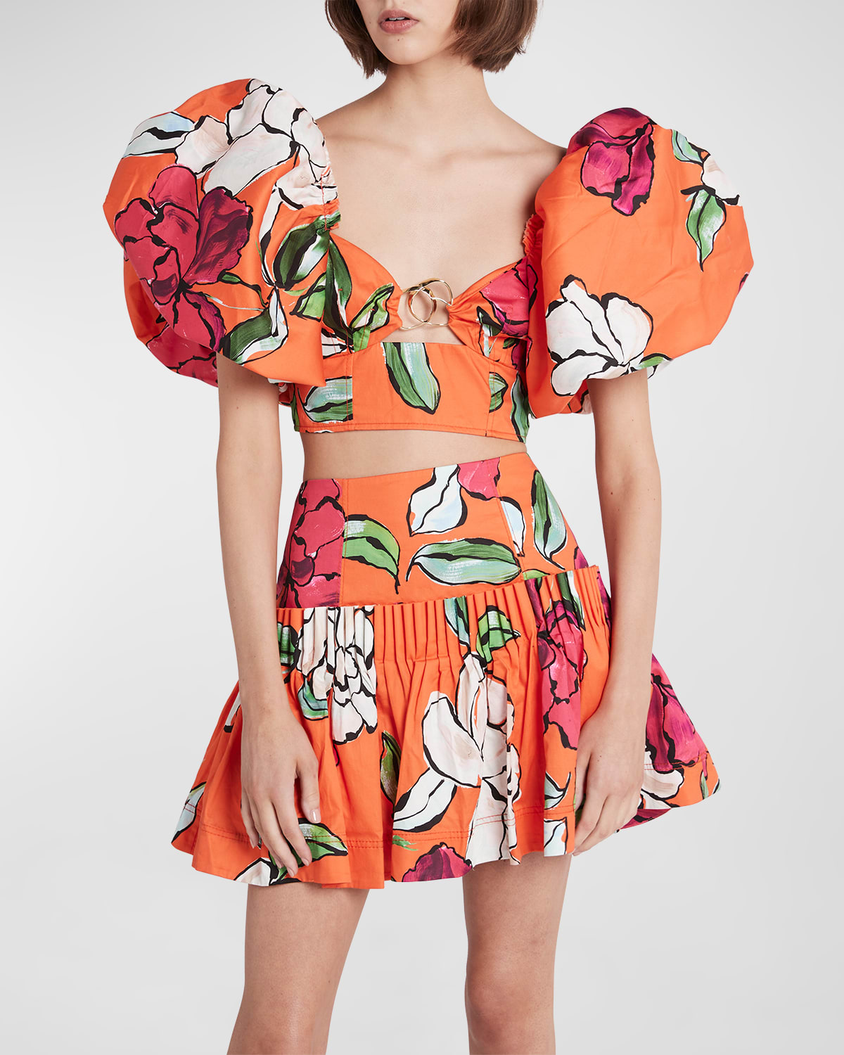 Aje Marcel Cropped Embellished Floral-print Cotton-poplin Top In Vivid Camellia