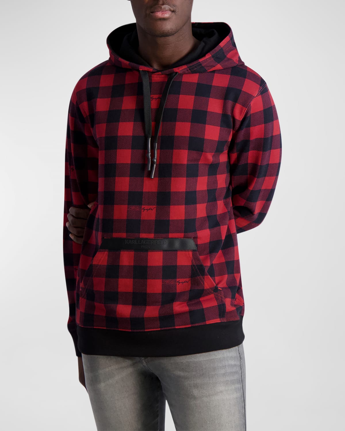Karl Lagerfeld Script Logo Buffalo Check Cotton Hoodie In Red/black