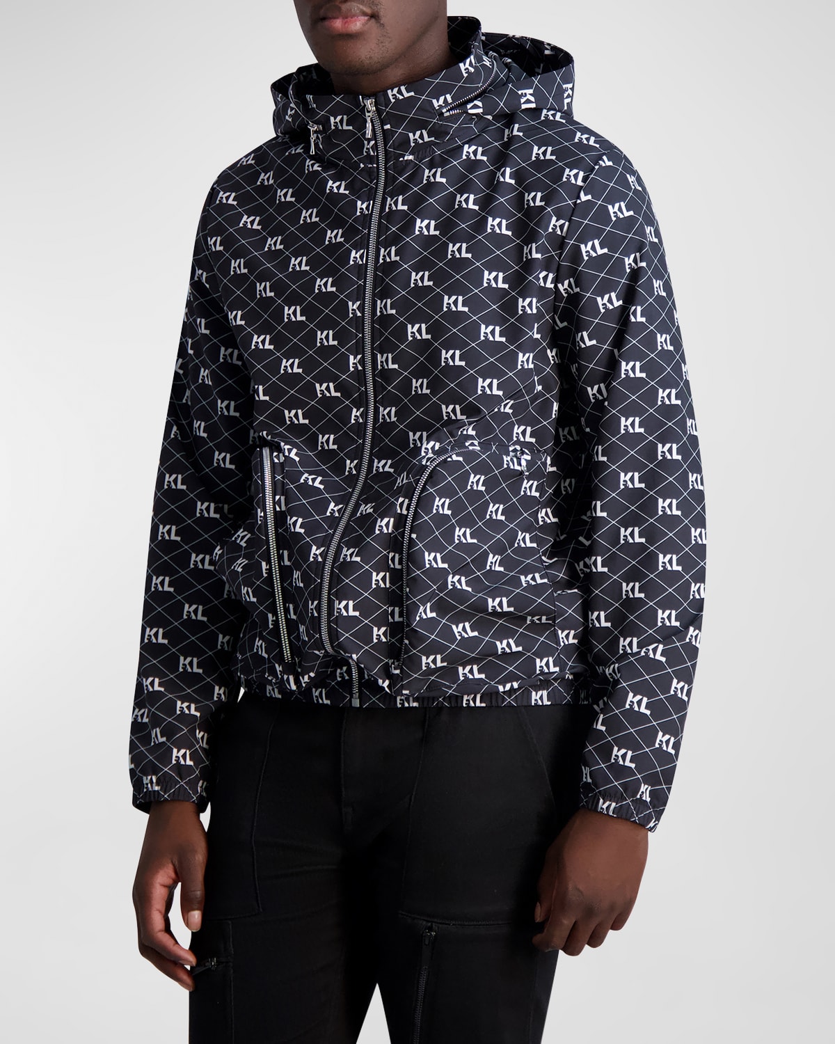 Shop Karl Lagerfeld Men's Monogram Hooded Zip Jacket In Black