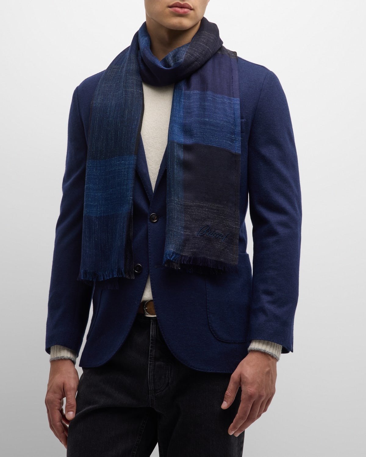 Men's Silk-Linen Tonal Check Scarf