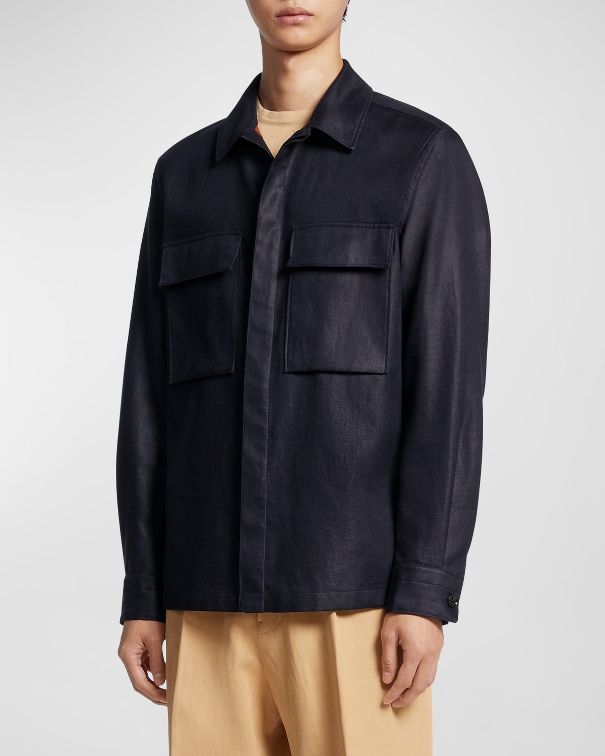 Zegna Men's Covered Placket Linen Overshirt In Dk Blu Sld