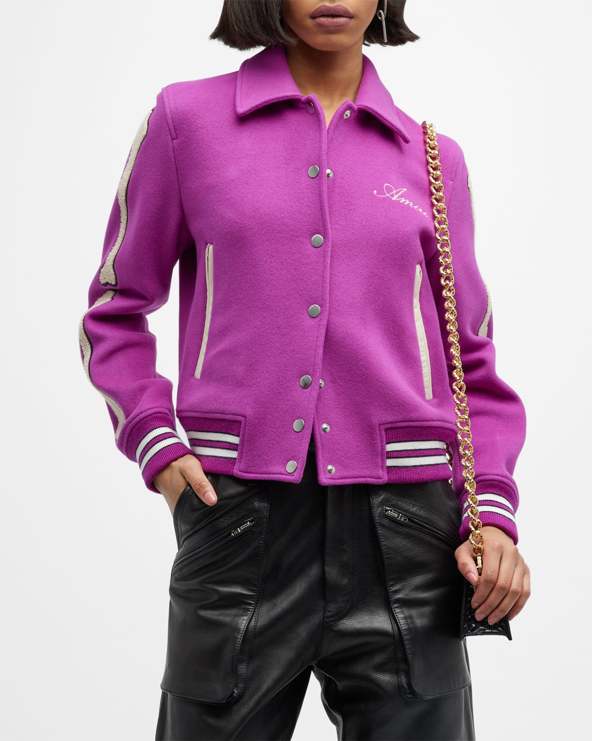 Amiri Bones Appliquéd Wool-blend Bomber Jacket In Purple