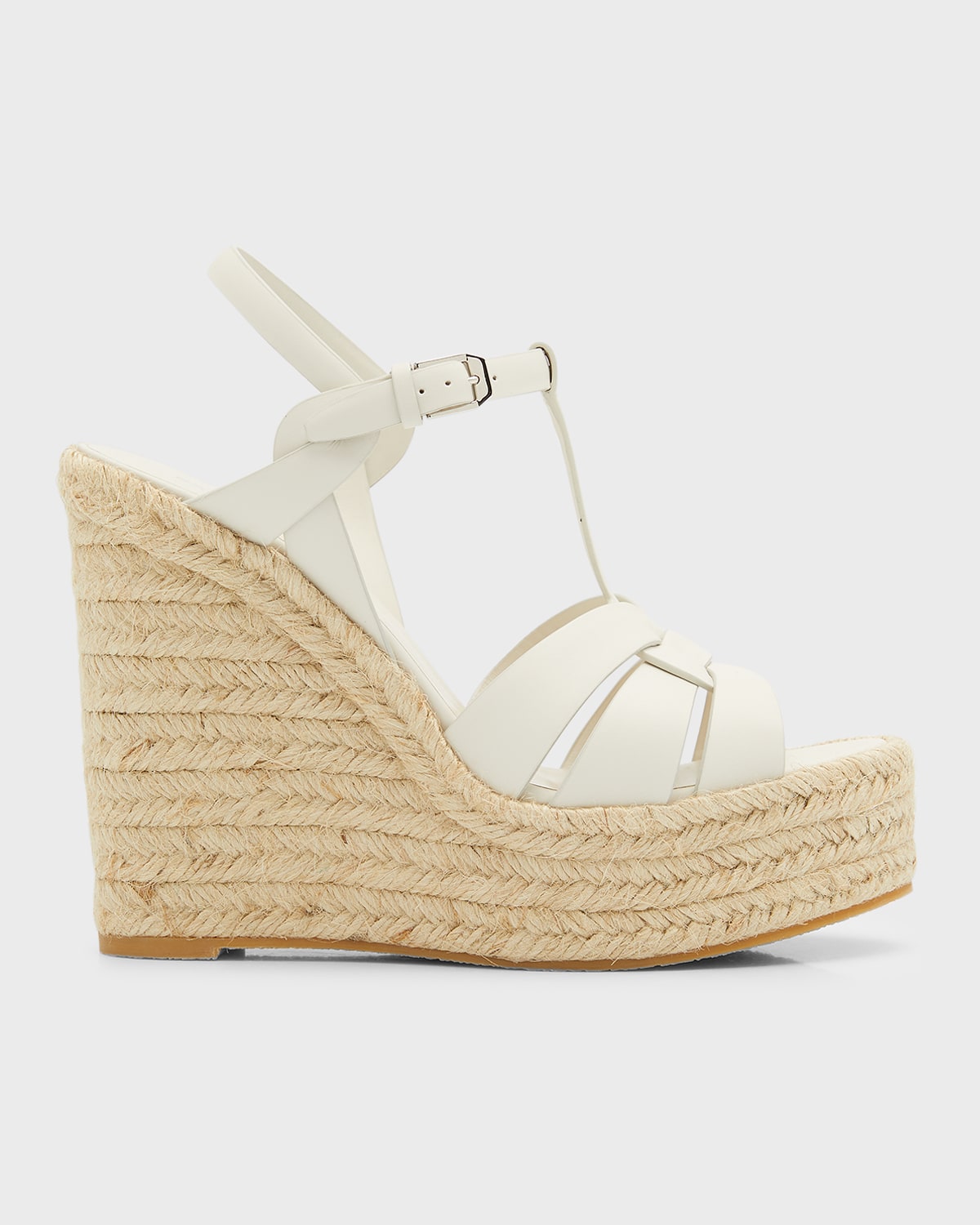 Shop Saint Laurent Tribute Leather T-strap Espadrille Sandals In Porcellana