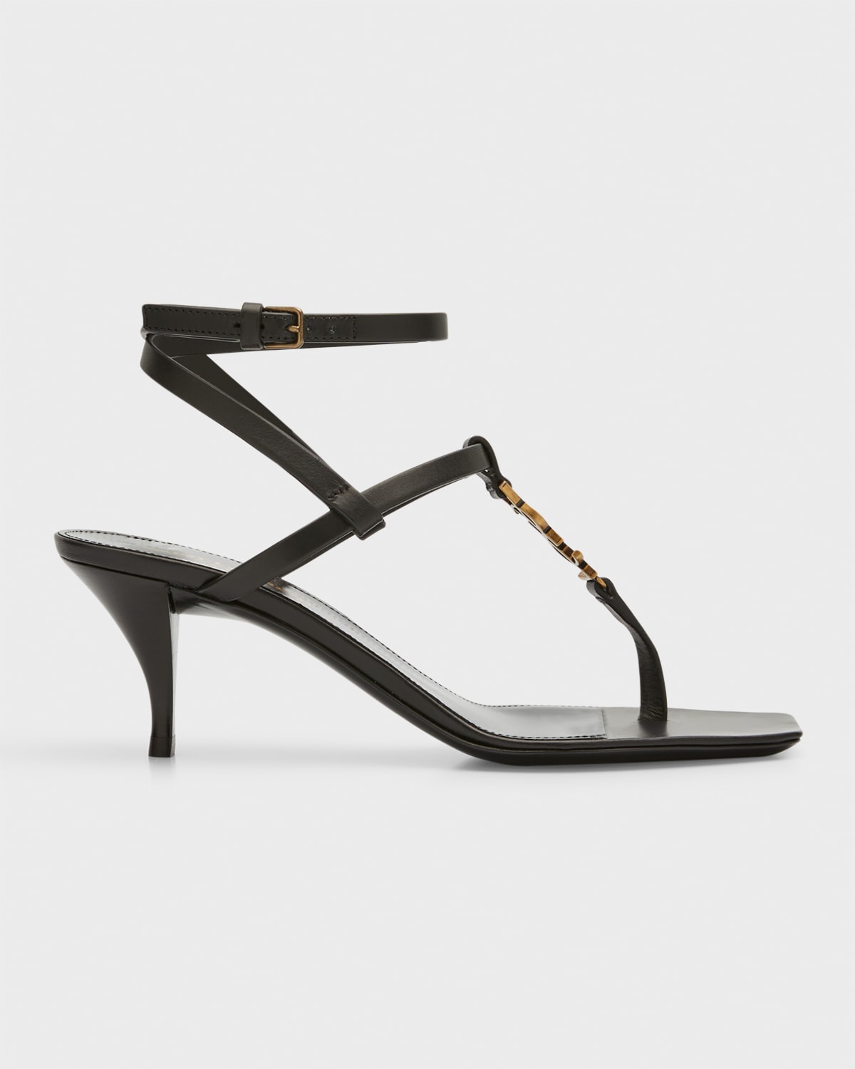 Saint Laurent Cassandra Sandals In Smooth Leather With Gold Monogram In Nero