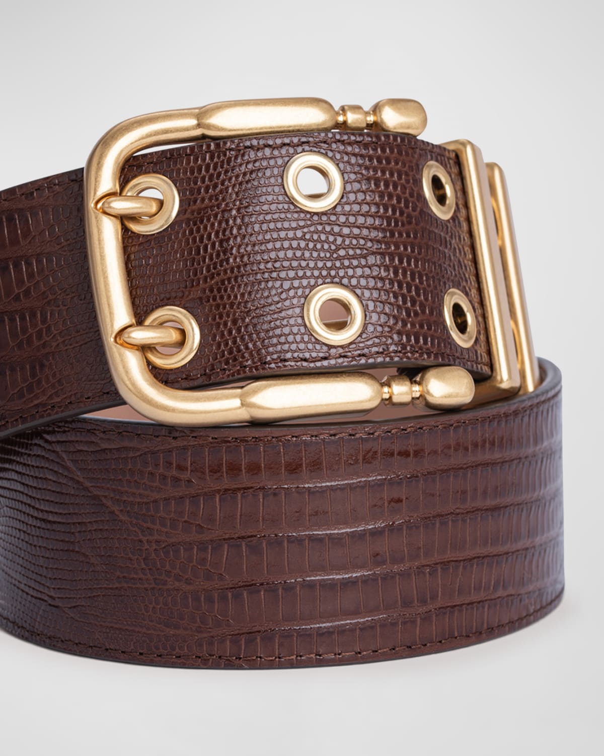 Duo Sequoia Lizard-Embossed Leather Belt