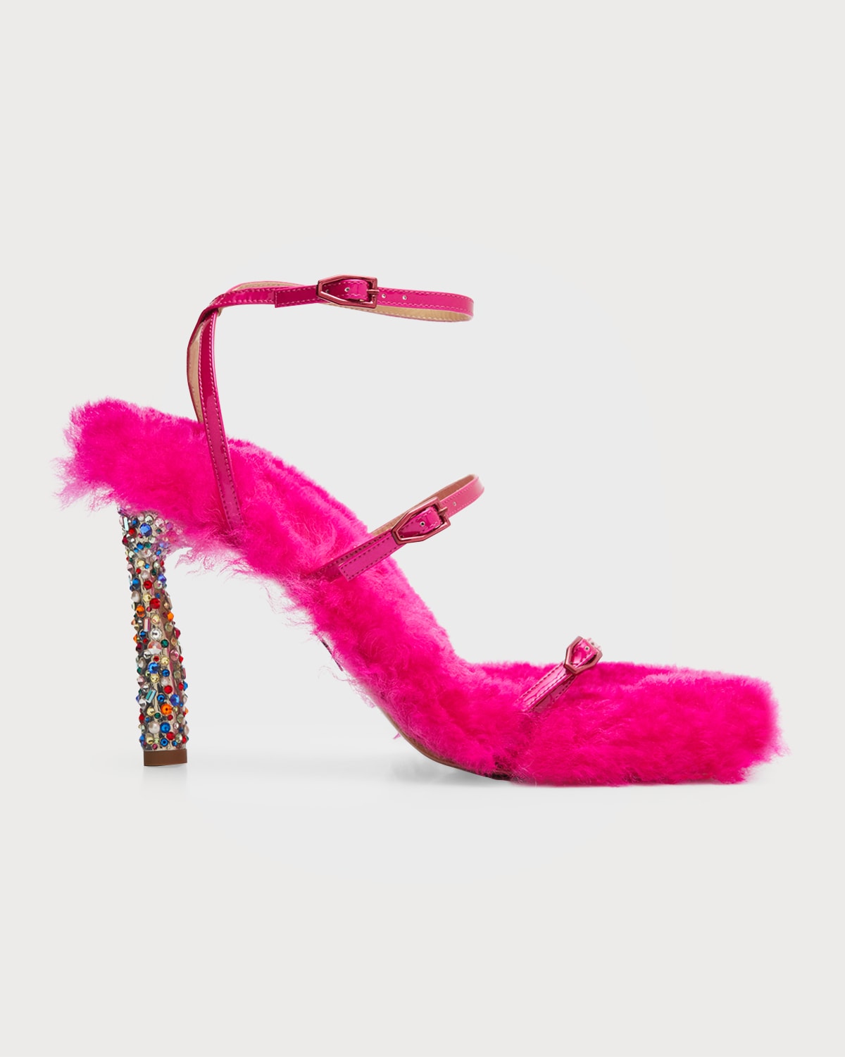 Shearling Jeweled Three-Strap Sandals