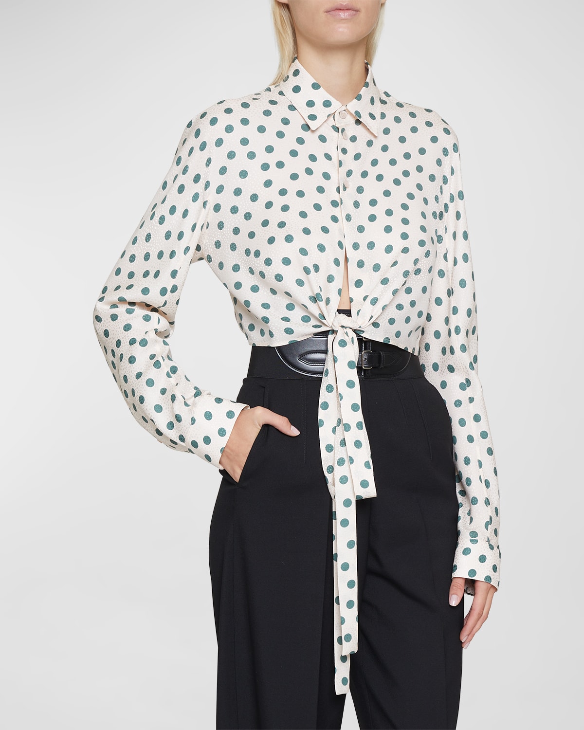 Polka-Dot Jacquard Tie-Hem Crop Shirt