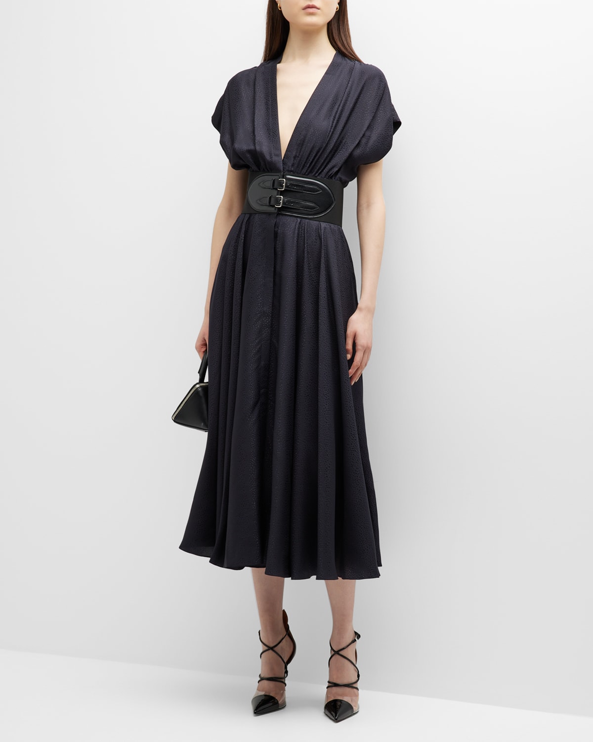 Belted Spotted Silk Jacquard Midi Dress