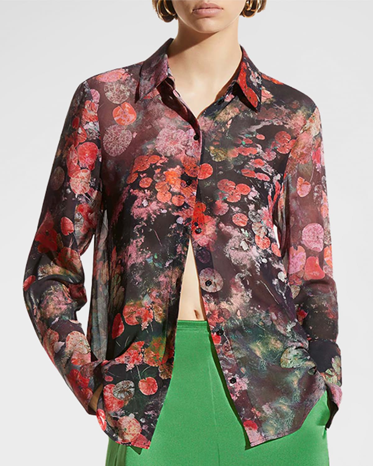 CARESTE Emma Leaf-Print Button-Down Silk Shirt