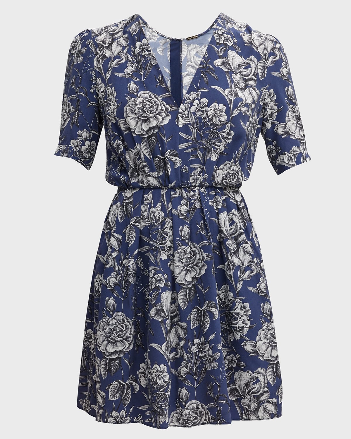 Floral-Print V-Neck Pleated Voile Mini Dress