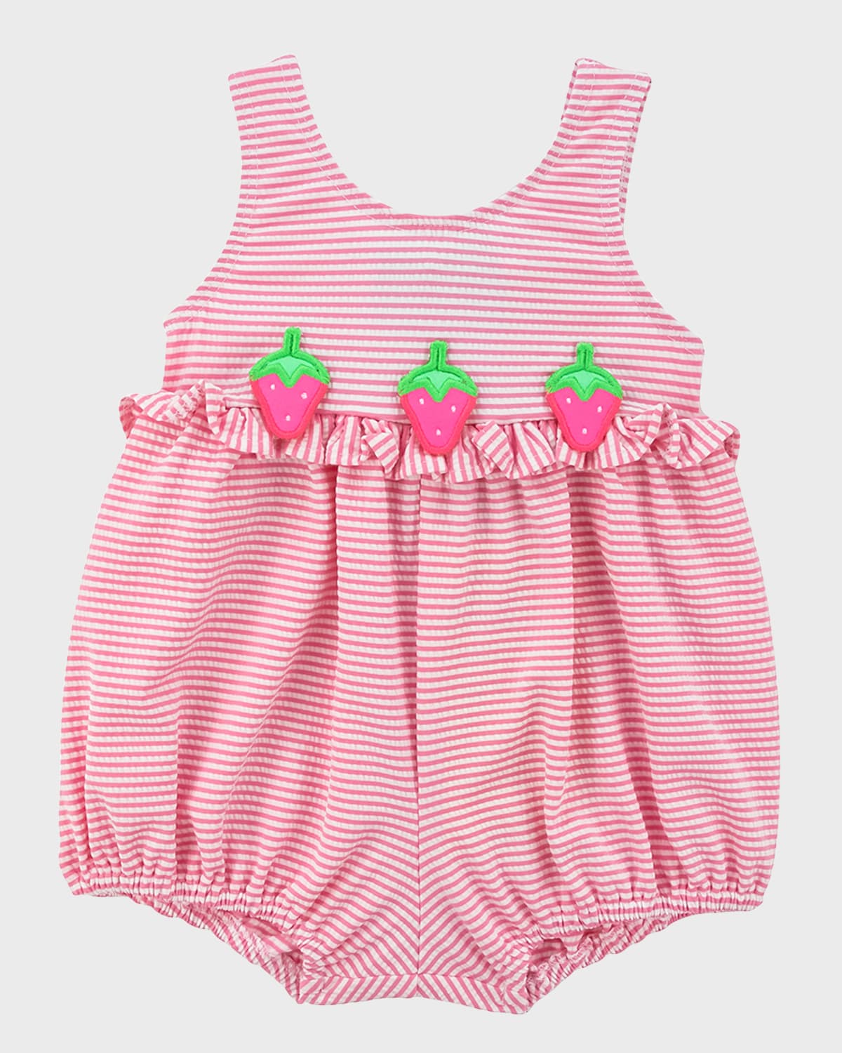 Girl's Seersucker Strawberry Applique Romper, Size 6M-24M