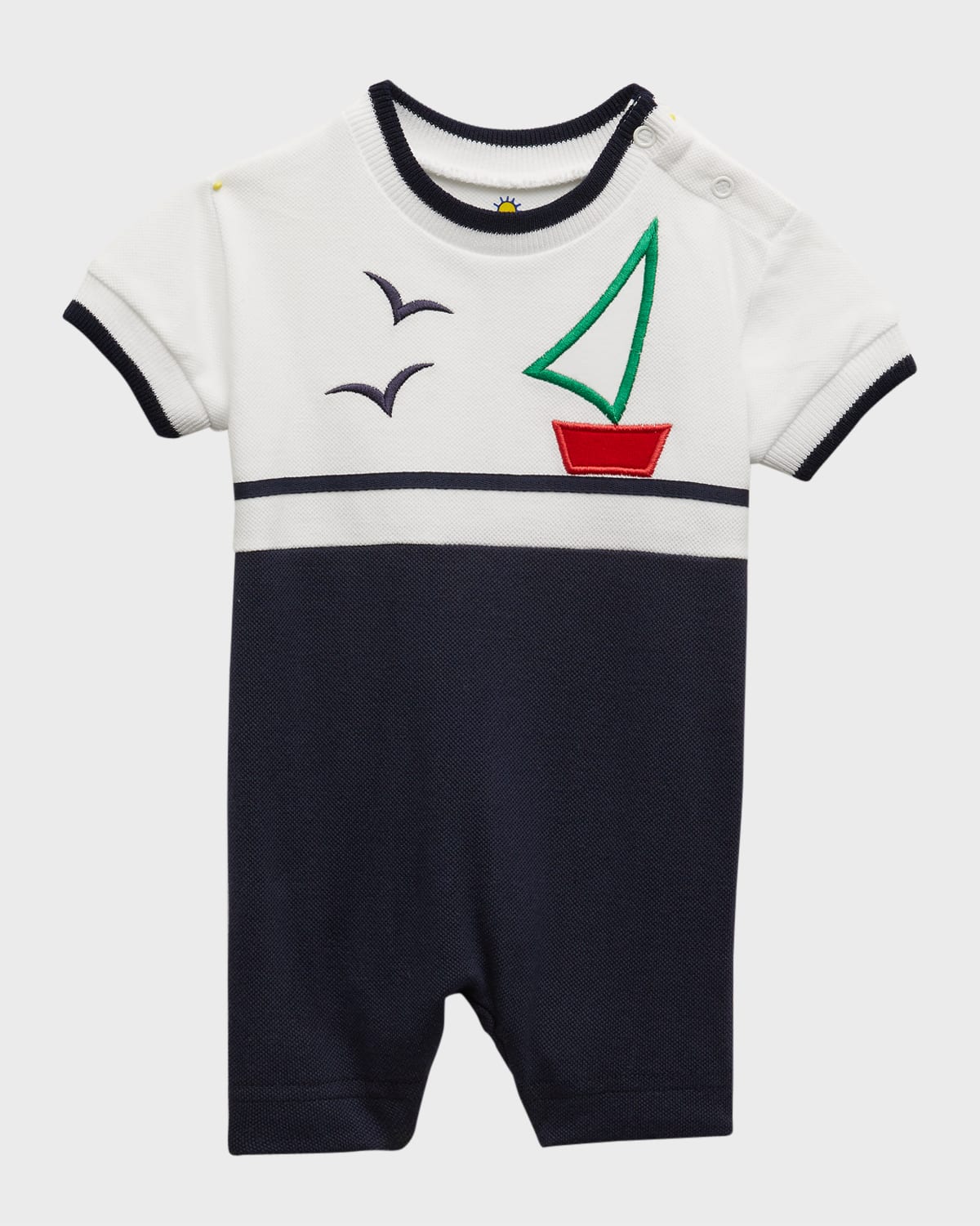 Boy's Embroidered Sailboat Pique Shortall, Size 3M-24M