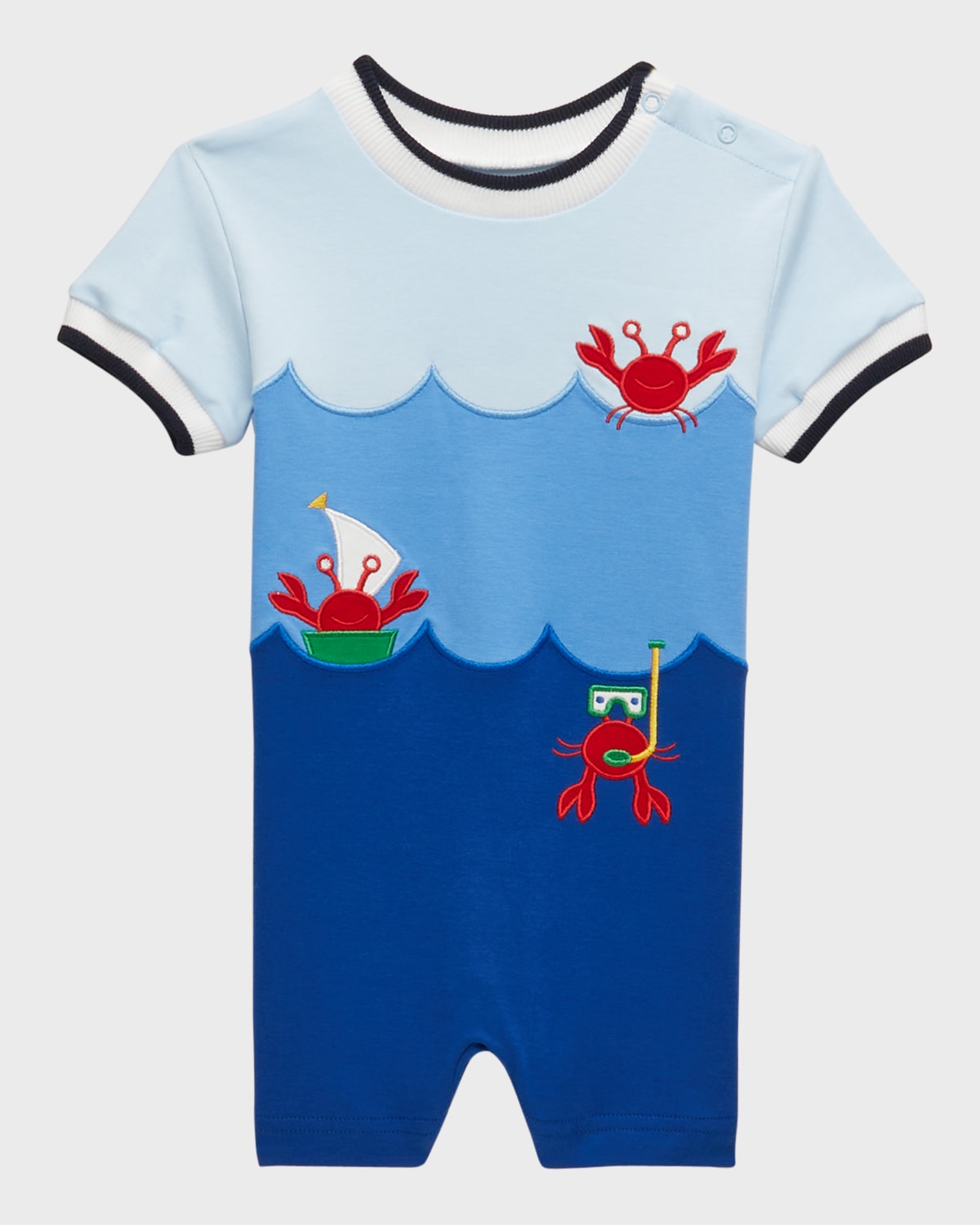 Boy's Knit Embroidered Crabs Shortall, Size 3M-24M