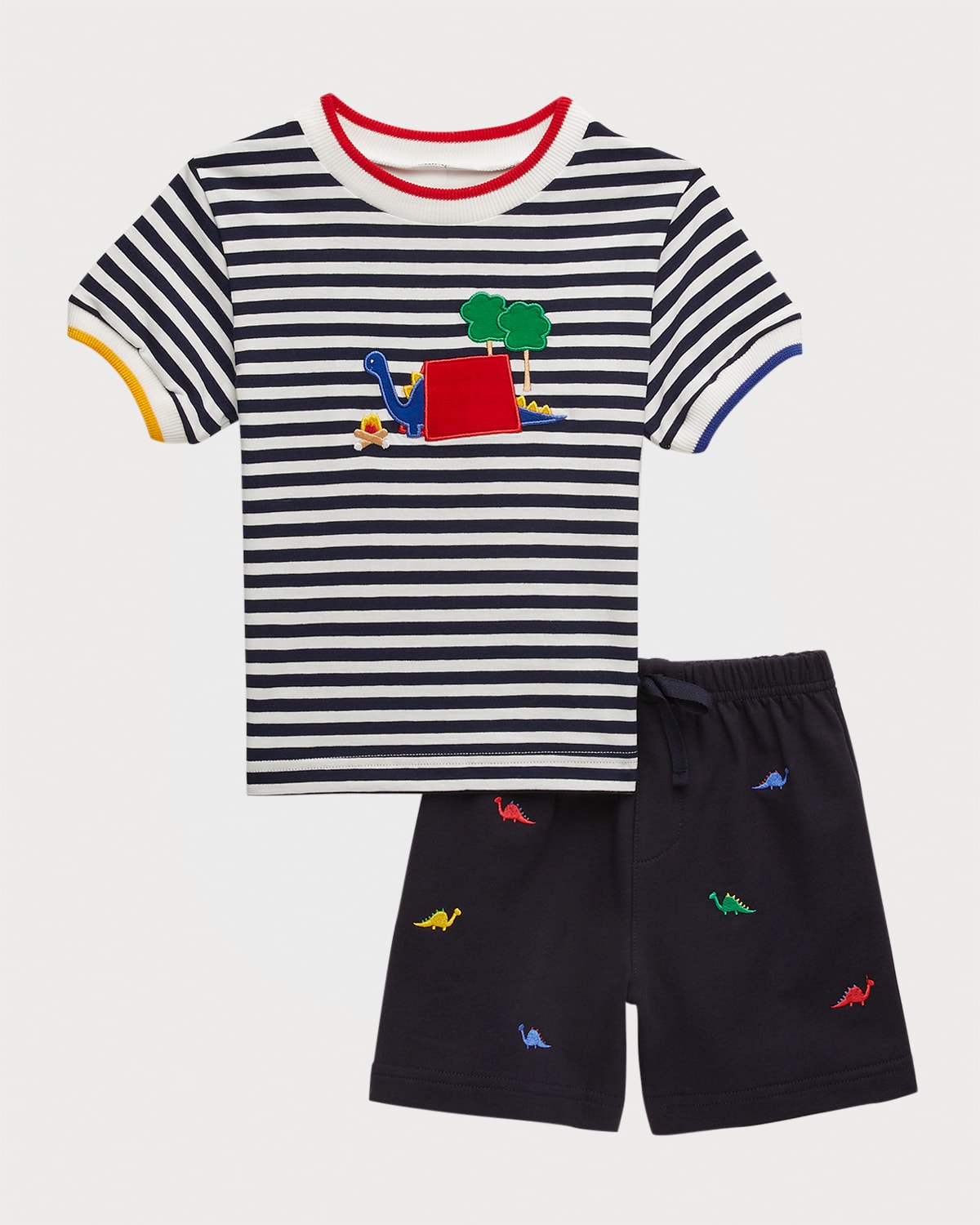 Boy's Striped Embroidered Dino T-Shirt W/ Shorts, Size 2-4