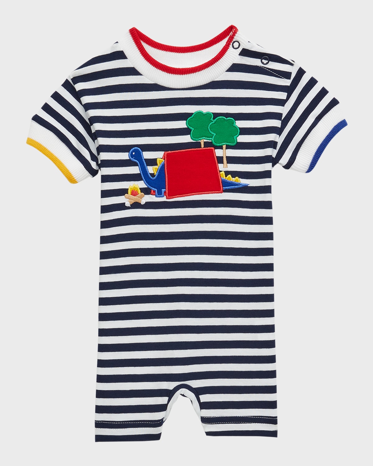 Boy's Striped Embroidered Dino Shortall, Size 3M-18M