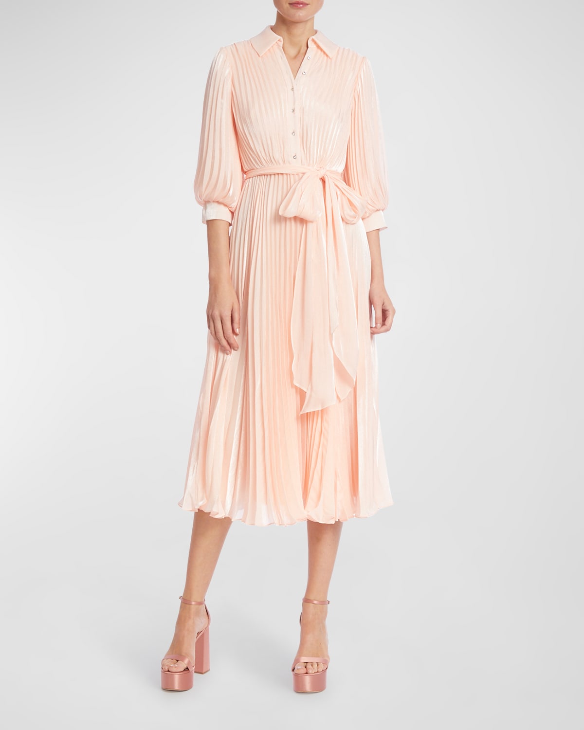 Pleated Shimmer Puff-Sleeve Shirtdress