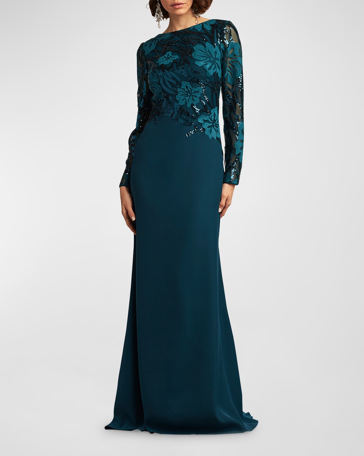 Two-Tone Embroidered Sequin Crepe Gown