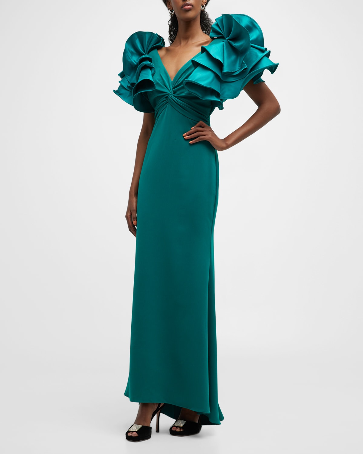 Ruffle Twist-Front Crepe Gown