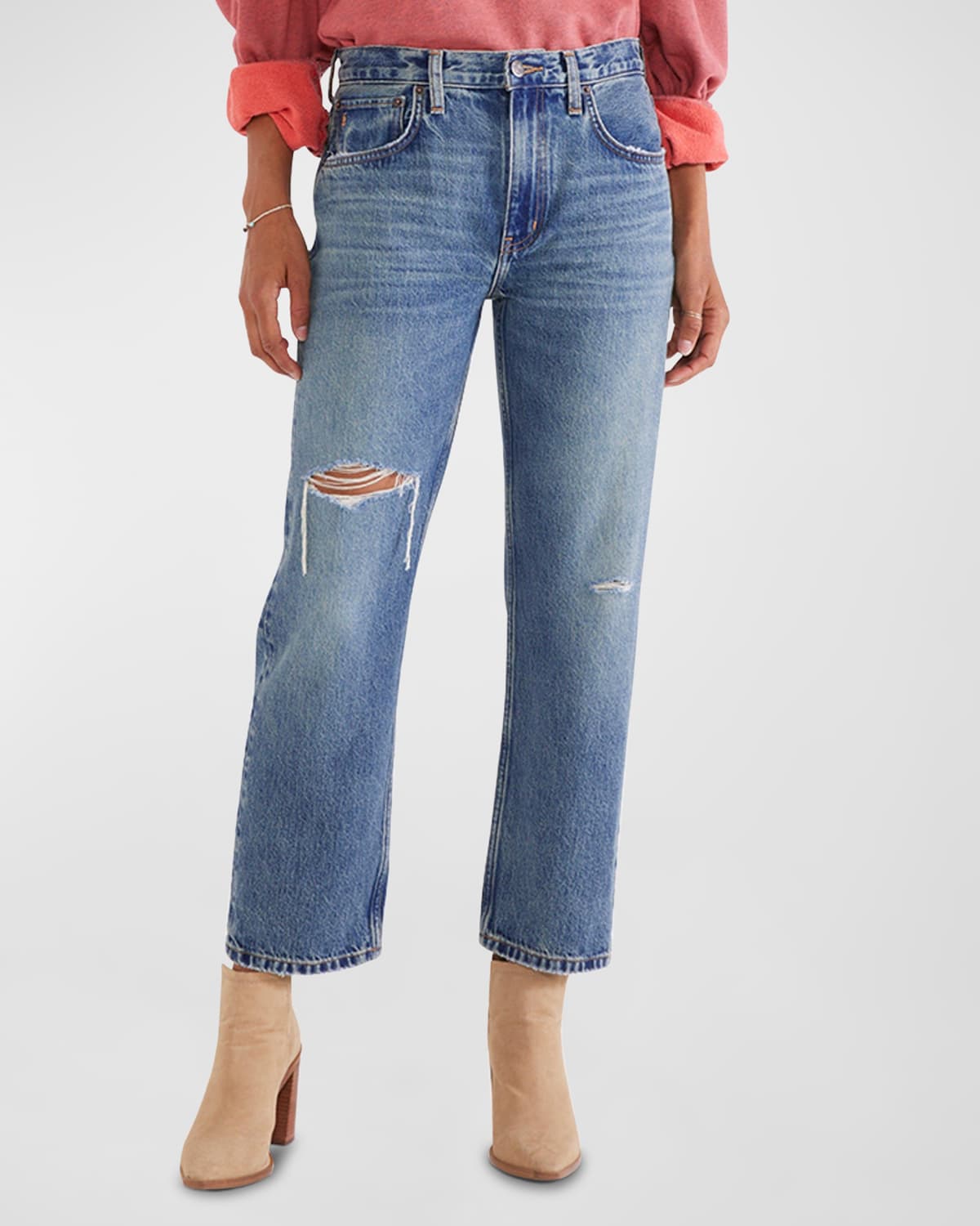 Rhea Distressed Mid-Rise Straight Jeans
