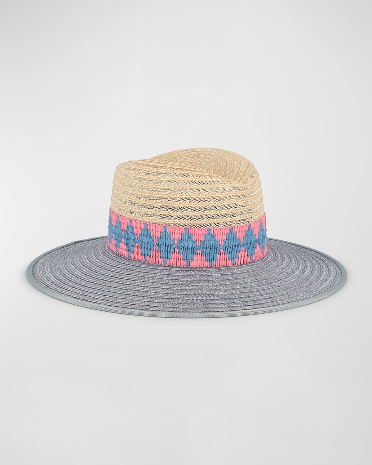 D'estree Cindy Bi-color Wide Brim Straw Fedora Hat In Natural Light Blu