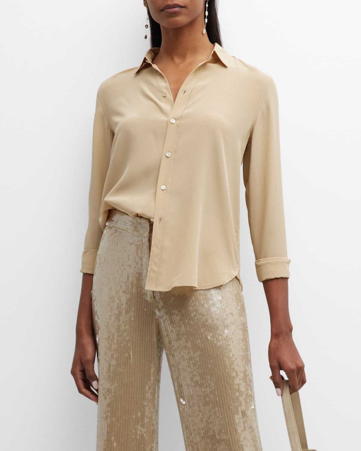 Nili Lotan Gaia Slim Collared Silk Shirt In Khaki