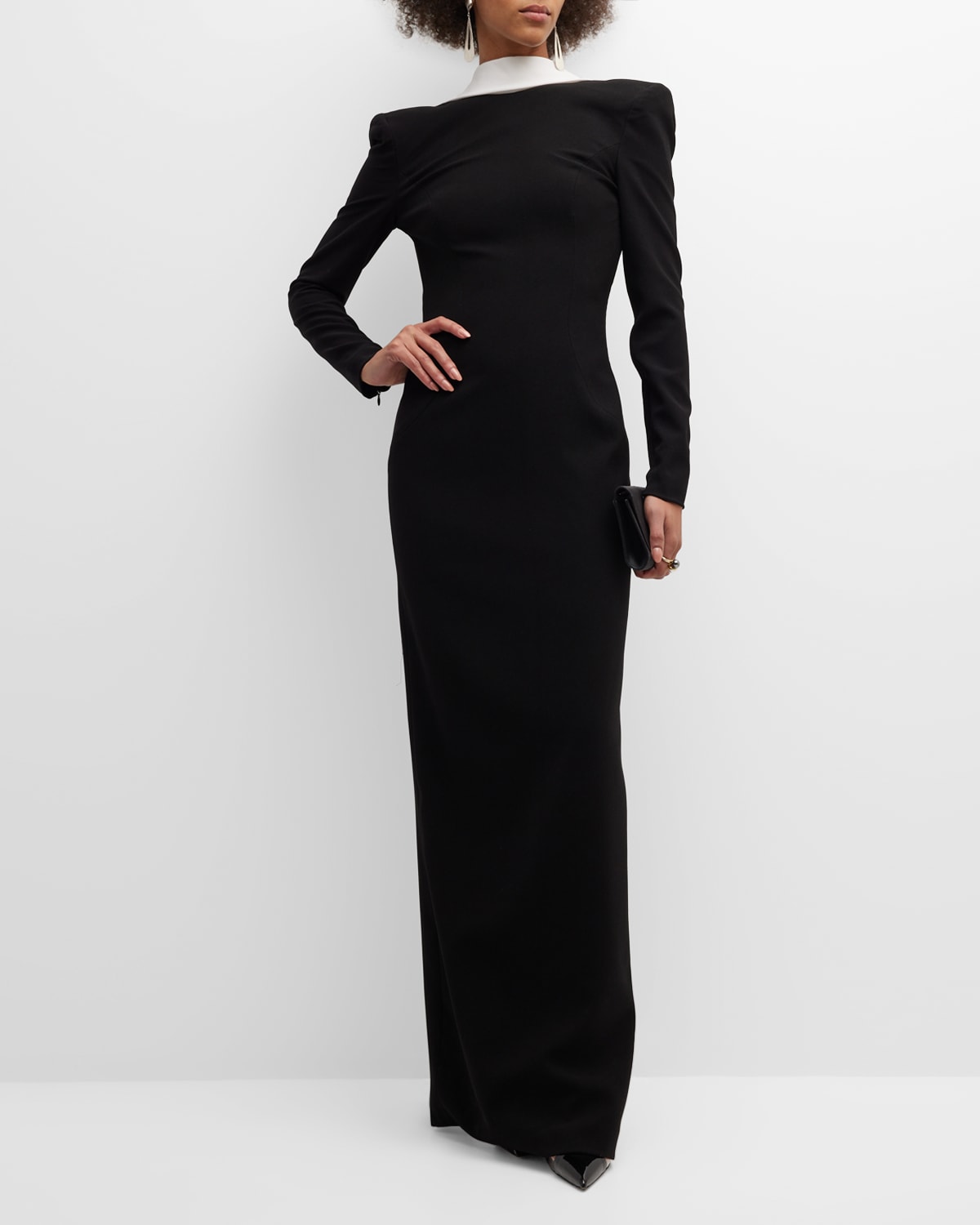 Monot Strong-shoulder Open-back Long-sleeve Gown In Blackwhite
