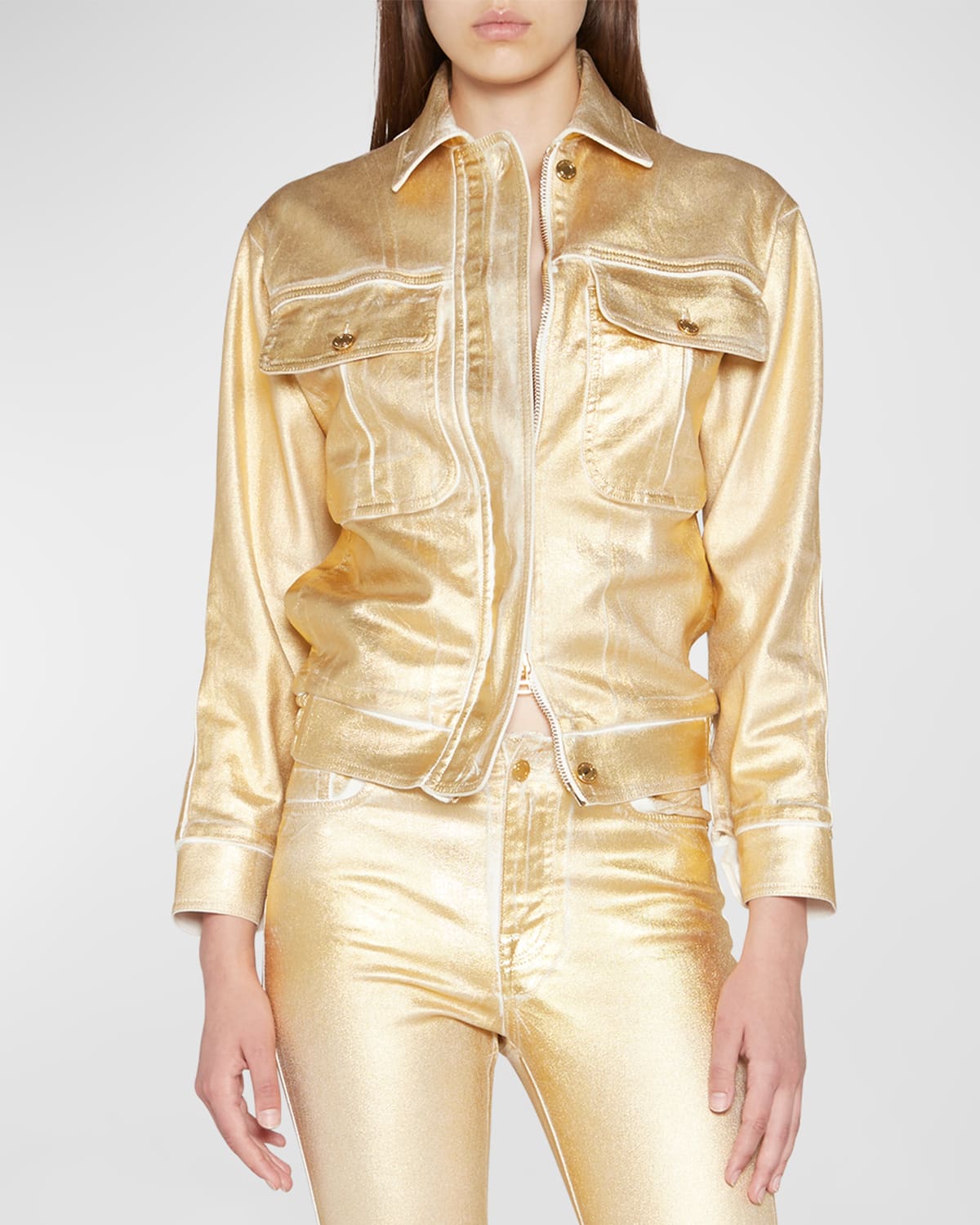 Shop Tom Ford Metallic Coated Jean Jacket In Gold