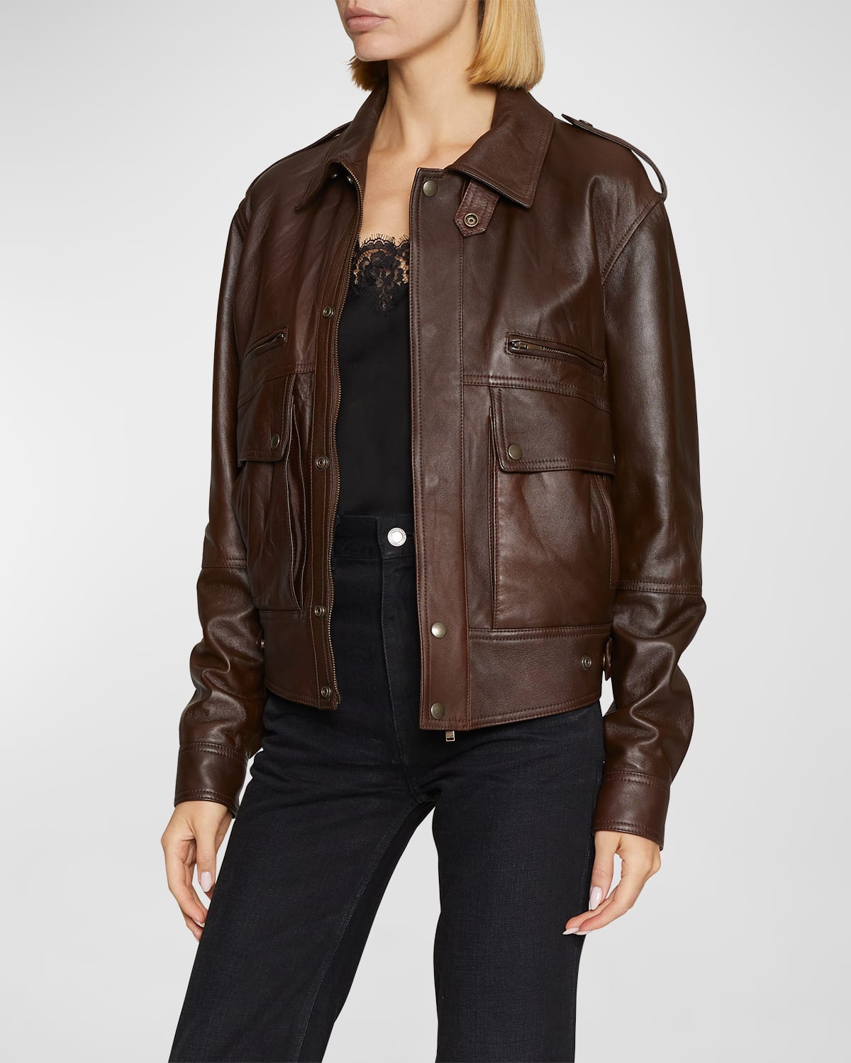 Shop Saint Laurent Leather Collared Utility Jacket In Brown