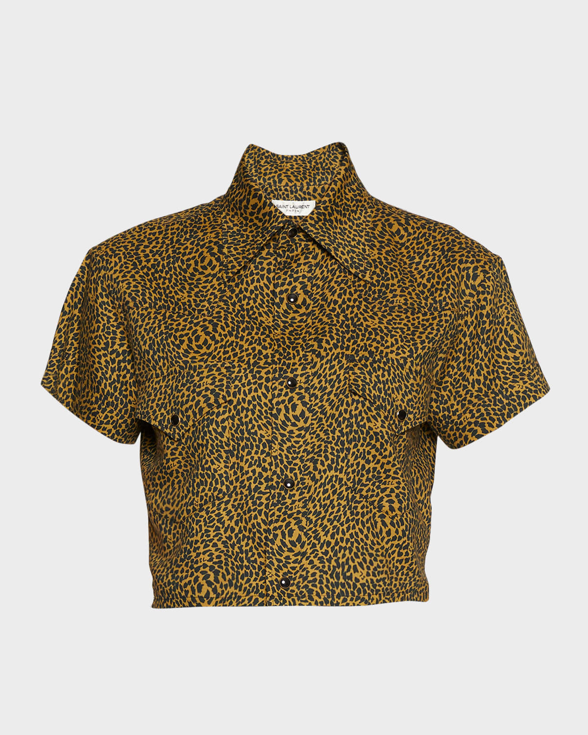 Saint Laurent Warped Leopard Print Short Sleeve Crop Snap-up Shirt In White Blac