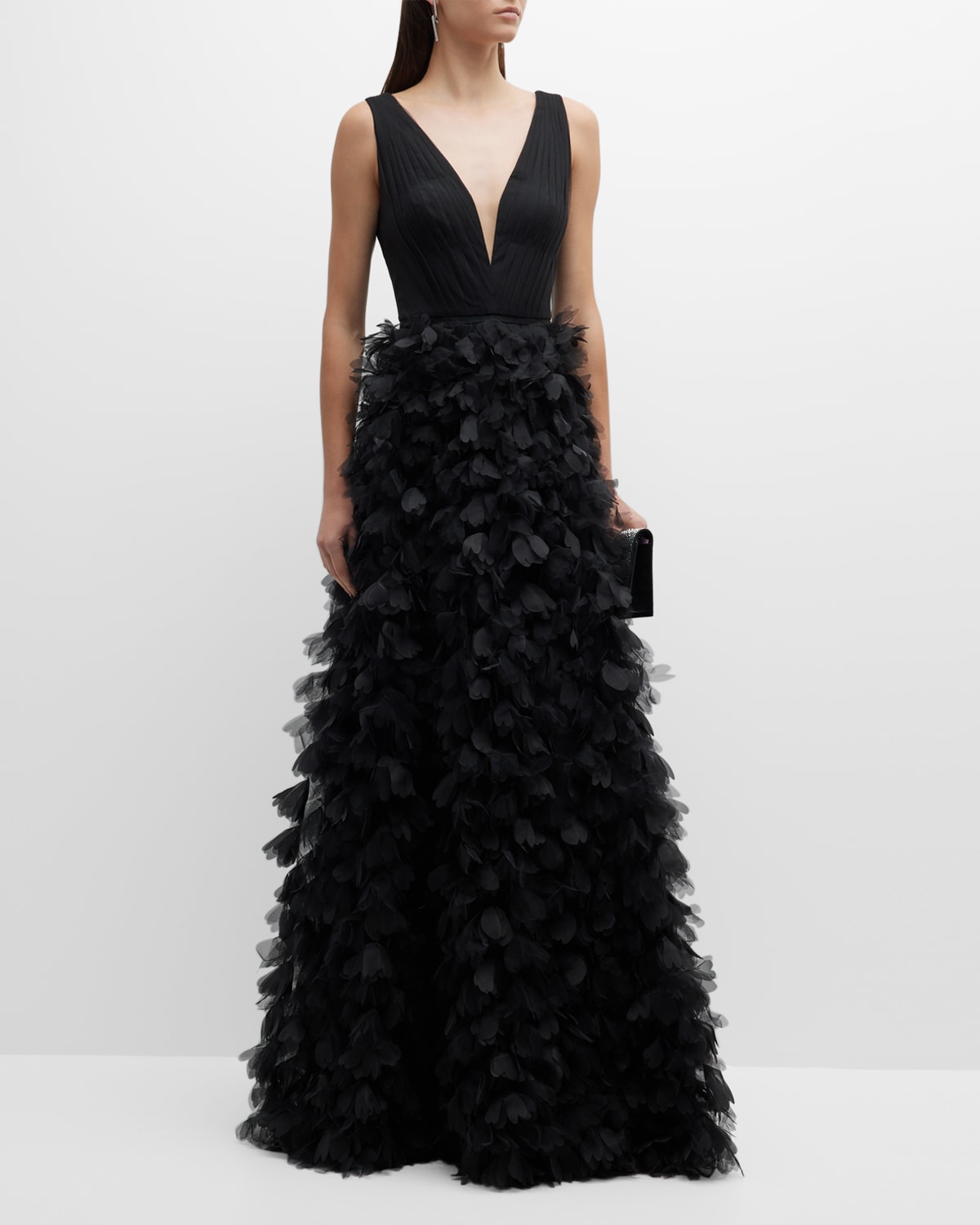 MARCHESA NOTTE DEEP V-NECK RUFFLE TULLE GOWN
