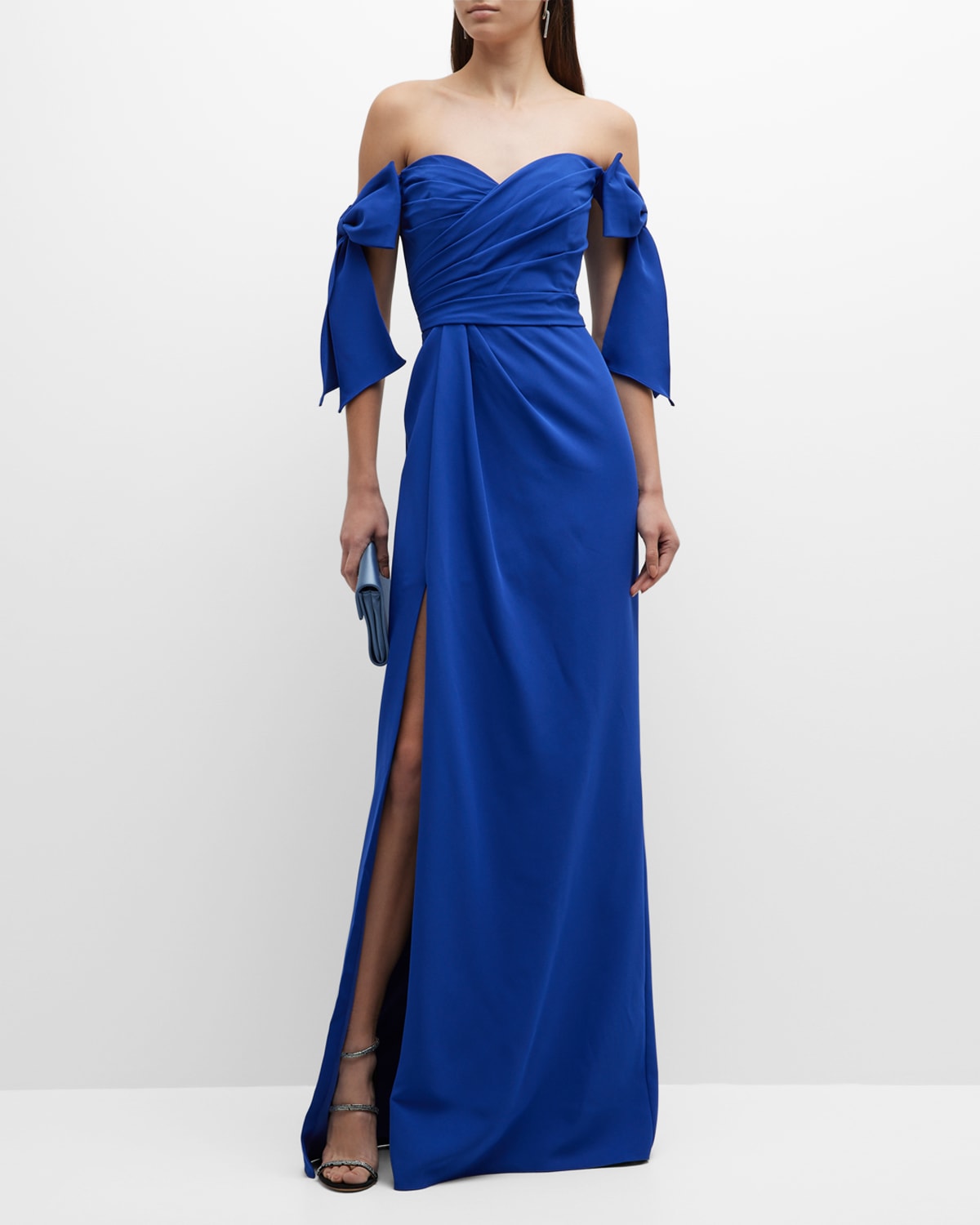 Off-Shoulder Bow-Sleeve Crepe Gown