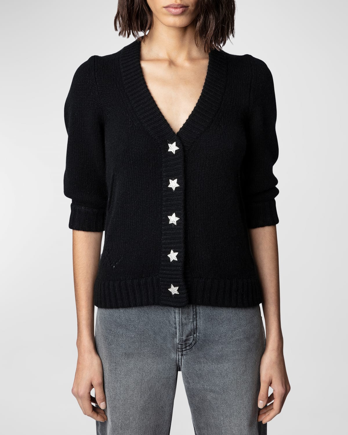Zadig & Voltaire Betsy Star Button Three-quarter Sleeve Cashmere Cardigan In Noir